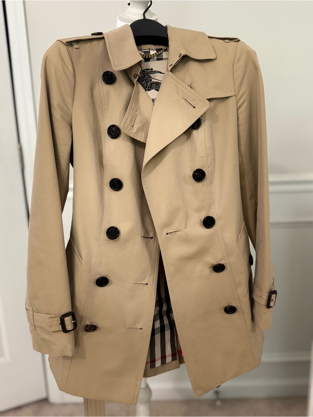 Burberry Khaki Trench Coat with Checked Lining and Gold Chain